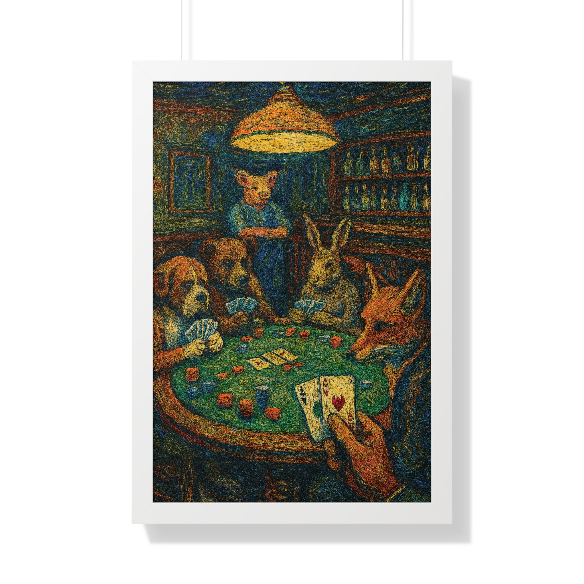 Framed artwork of animals playing poker in a bar setting