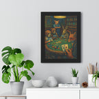Framed artwork of animals playing cards on a wall above a white cabinet with plants.