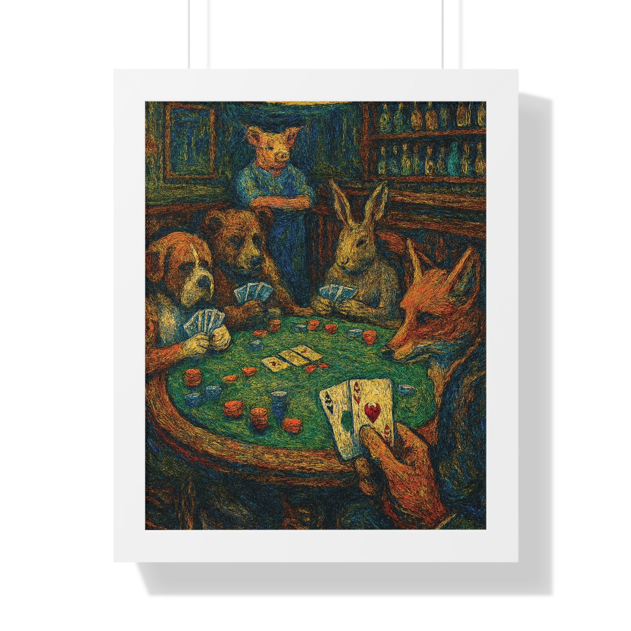Framed artwork of animals playing poker with a white border