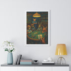 Framed artwork of animals playing cards on a wall above a shelf with decor items.