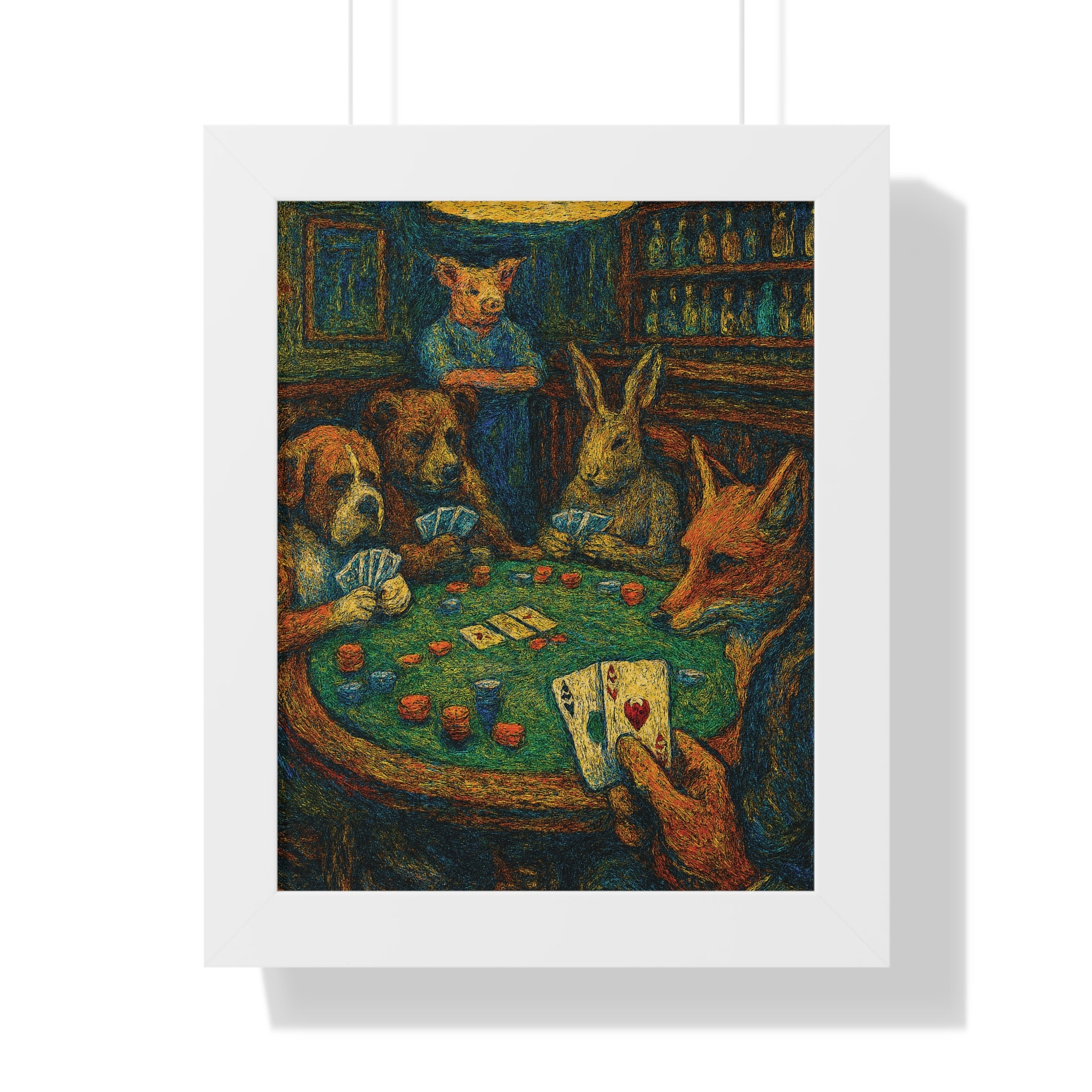 Framed artwork of animals playing poker with a white border
