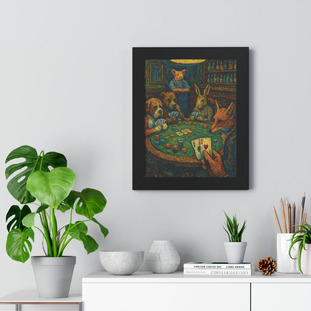 Framed artwork of animals playing poker on a wall above a white cabinet with decorative items.