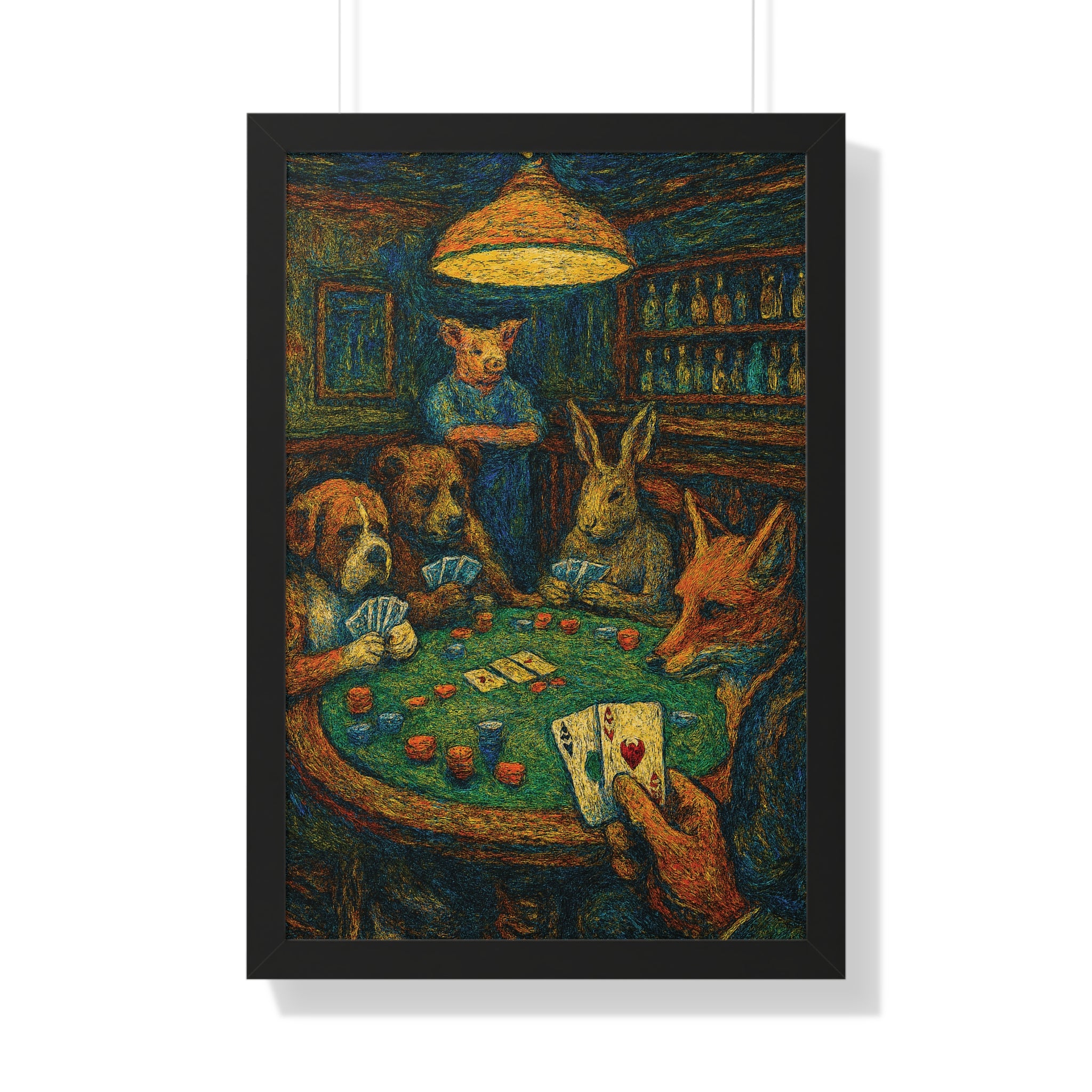Framed artwork of animals playing cards in a bar setting