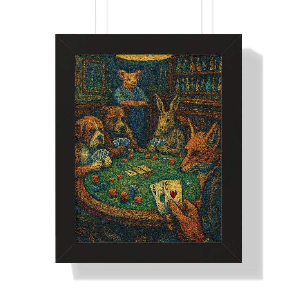 Framed artwork of animals playing poker with a black border
