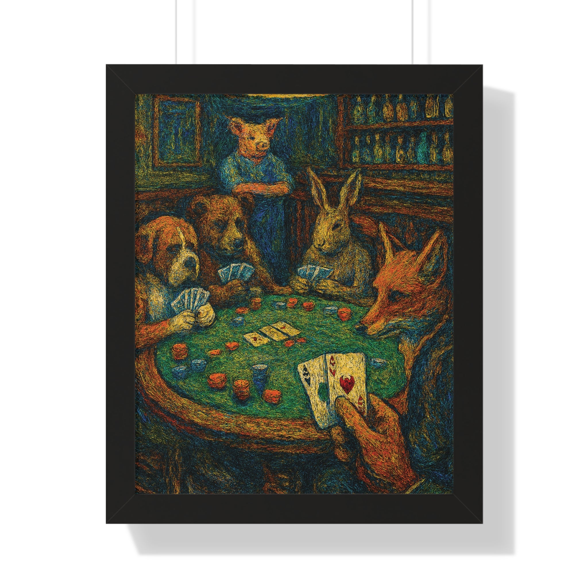 Framed artwork of animals playing cards, inspired by Van Gogh's style.