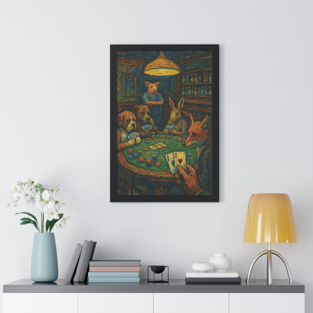Framed artwork of animals playing cards on a wall above a shelf with decor items.
