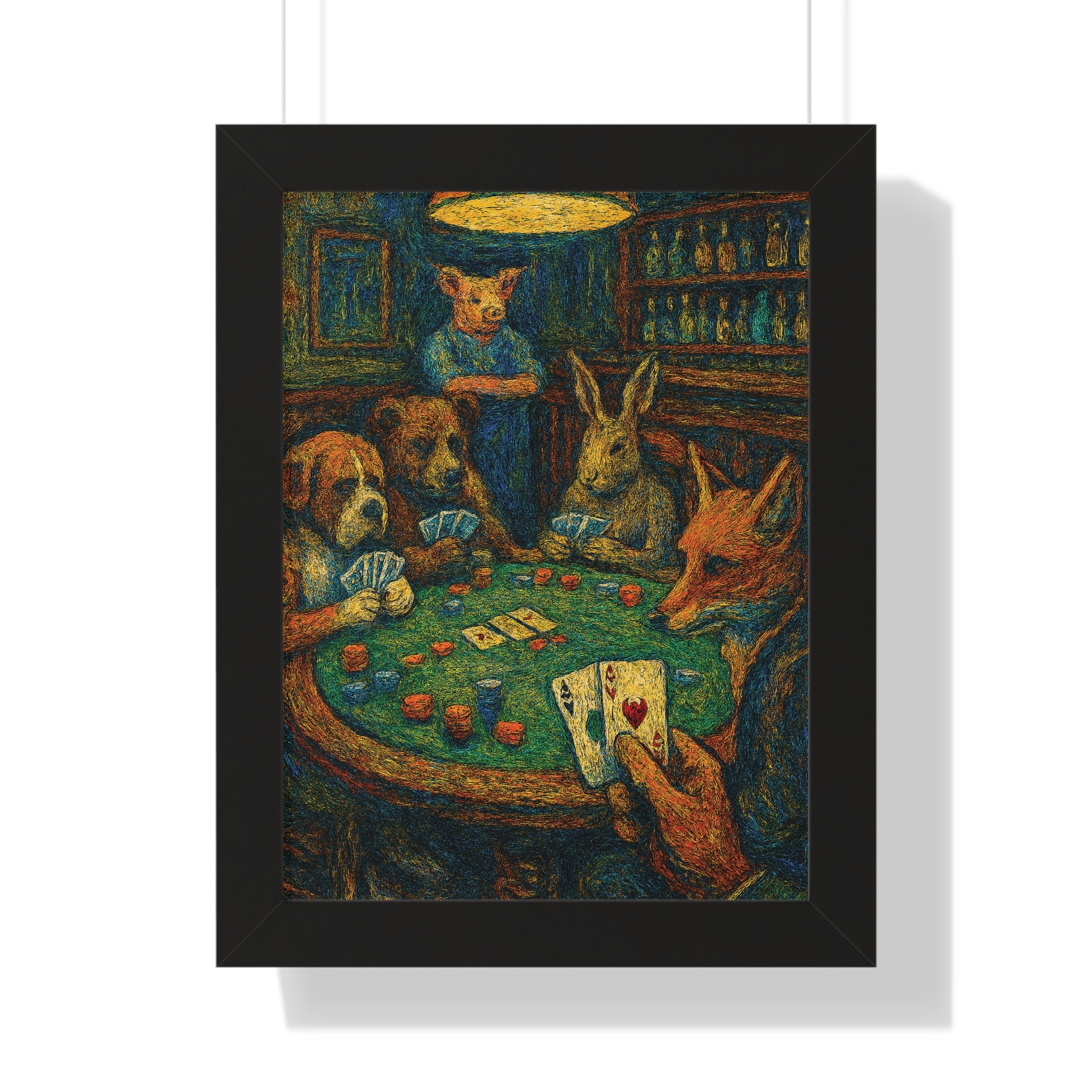 Framed artwork of animals playing poker with a black frame.