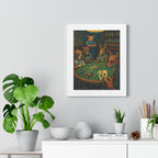 Framed artwork of animals playing cards on a wall above a white cabinet with plants and decor.