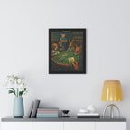 Framed artwork of animals playing poker on a wall above a shelf with decor items.