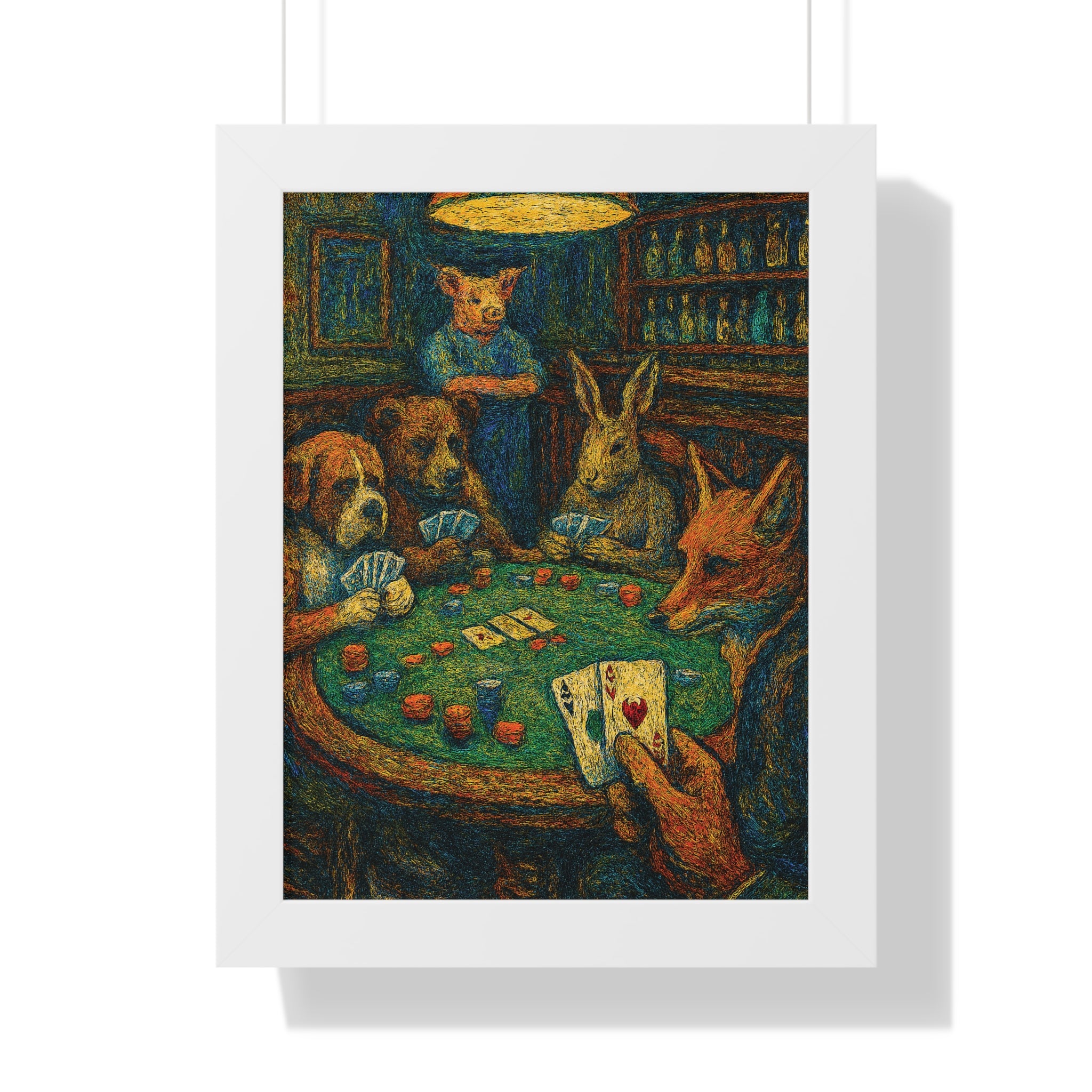 Framed artwork of animals playing poker with a white border